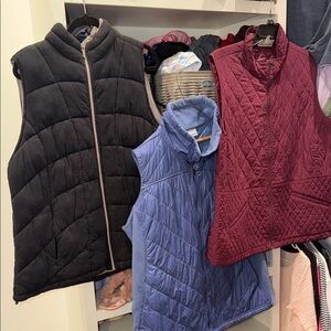 Talbots Quilted Sleeveless Vests Trio — Black, Blue, Burgundy